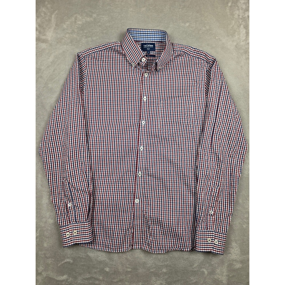 T.M. Lewin Button Down Shirt Mens Medium Red Blue Gingham Twill Long Sleeve